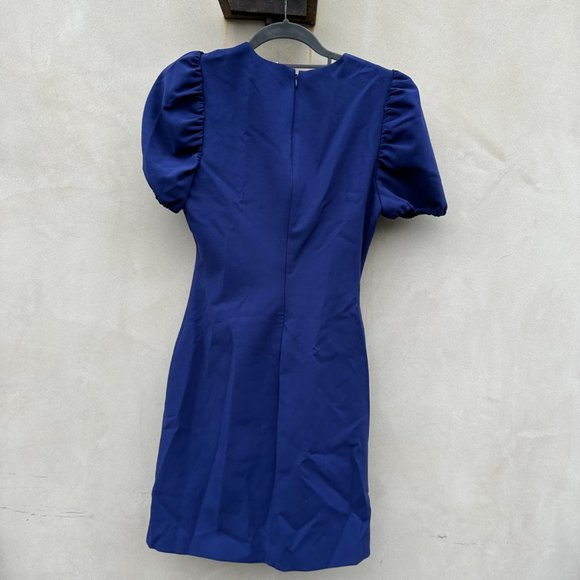 Likely Malta Bodycon Mini Dress Blue Asymmetric Ruffle Skirt Puff Sleeves Sz 6 - Picture 8 of 9
